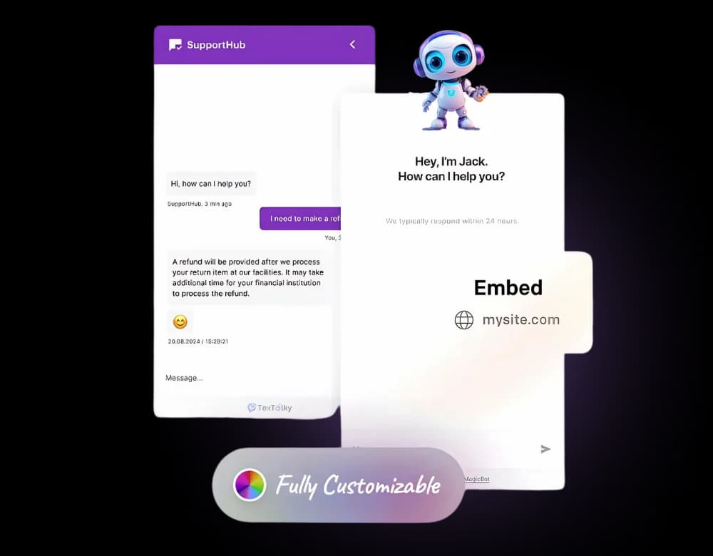 Small business support chatbot embedded on a website, answering a customer question automatically
