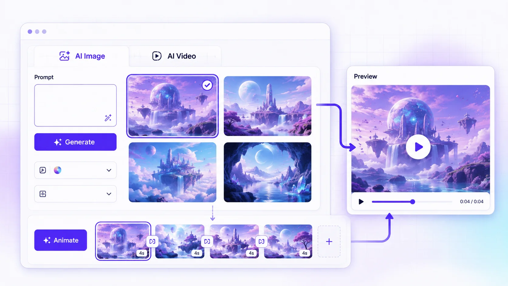 Textalky AI Image and AI Video generator interface showing prompt input, generated image variations, and a video preview