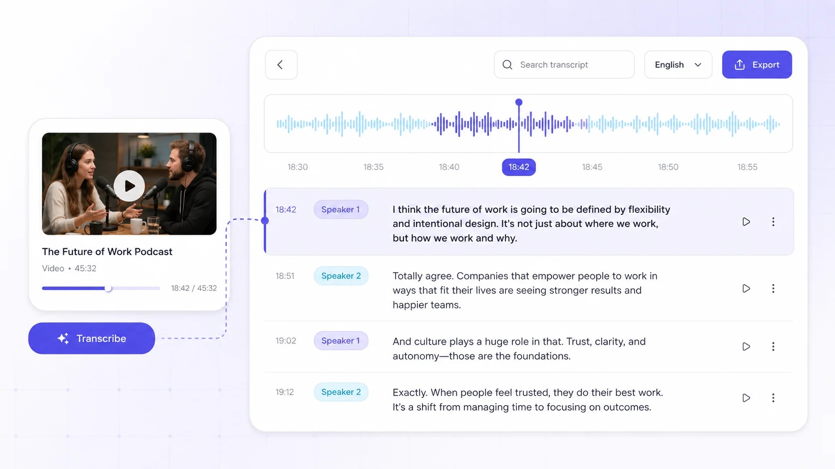 Textalky transcription tool showing a podcast video with speaker-labeled, searchable transcript and export options