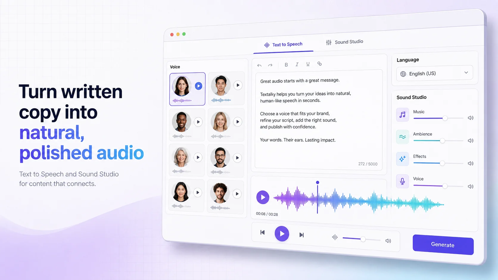Textalky Text to Speech and Sound Studio interface with voice selection, script editor, and audio waveform