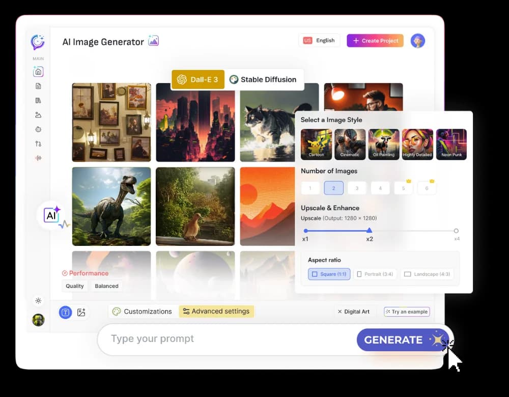 Textalky AI Image Generator interface showing the prompt bar, style controls, and a grid of AI-generated images